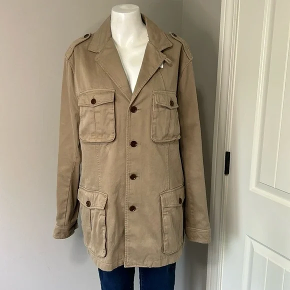 BANANA REPUBLIC Twill Utility Military Jacket Khaki Tan Womens Sz L NEW